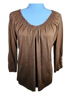 Relativity Brown Knit Top S Small 3/4 Ruched Sleeve Cotton Modal Pleated Scoop